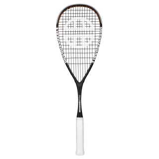 UNSQUASHABLE Rakieta do squasha James Willstrop Hero (130g/z ciężarem na rączce) 2024 czarna/pomarańczowa - naciągnięta -